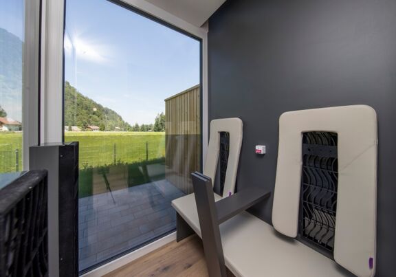 Panoramic view from the sauna or infrared cabin of the luxury chalet at Das Hintersee in Salzkammergut, Austria