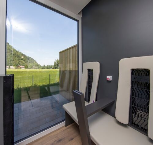Panoramic view from the sauna or infrared cabin of the luxury chalet at Das Hintersee in Salzkammergut, Austria
