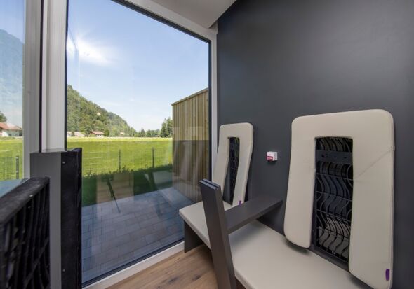 Panoramic view from the sauna or infrared cabin of the luxury chalet at Das Hintersee in Salzkammergut, Austria