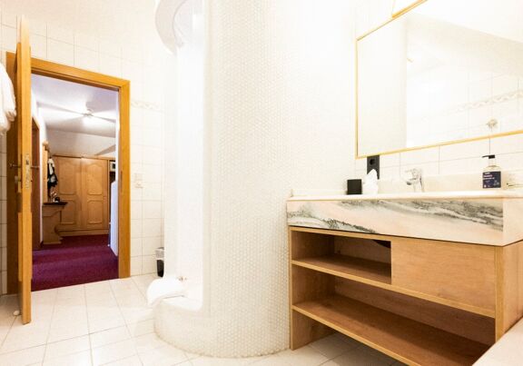 View from the spacious bathroom of the Auhof Suite at Hotel Das Hintersee in the Salzkammergut region