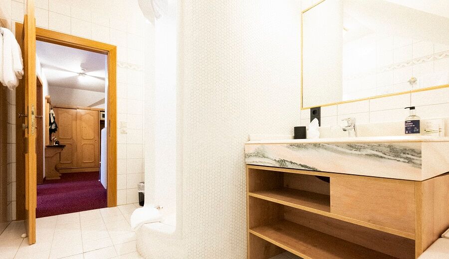 View from the spacious bathroom of the Auhof Suite at Hotel Das Hintersee in the Salzkammergut region