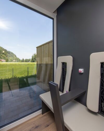 Panoramic view from the sauna or infrared cabin of the luxury chalet at Das Hintersee in Salzkammergut, Austria