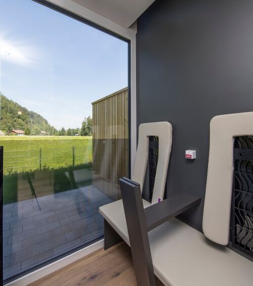 Panoramic view from the sauna or infrared cabin of the luxury chalet at Das Hintersee in Salzkammergut, Austria