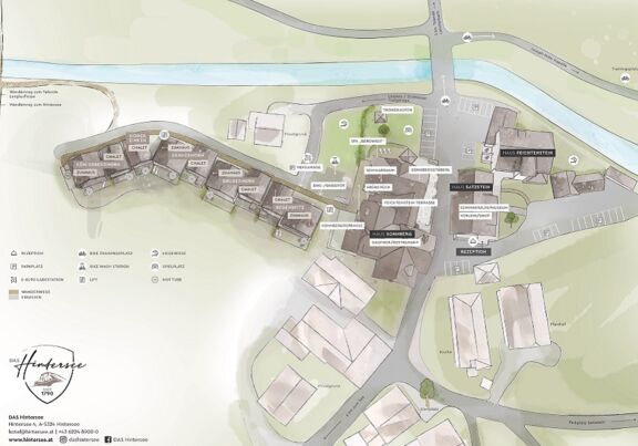 Site plan and overview of the buildings and facilities, chalets, guest houses at Das Hintersee in Salzkammergut