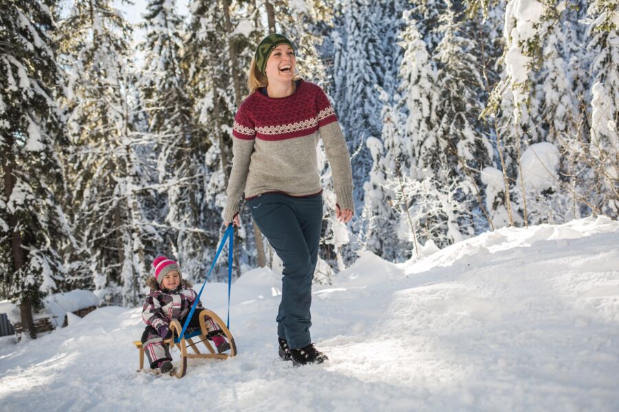 A woman pulling a child on a sledge through the snow.