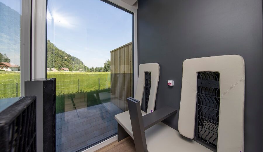 Panoramic view from the sauna or infrared cabin of the luxury chalet at Das Hintersee in Salzkammergut, Austria