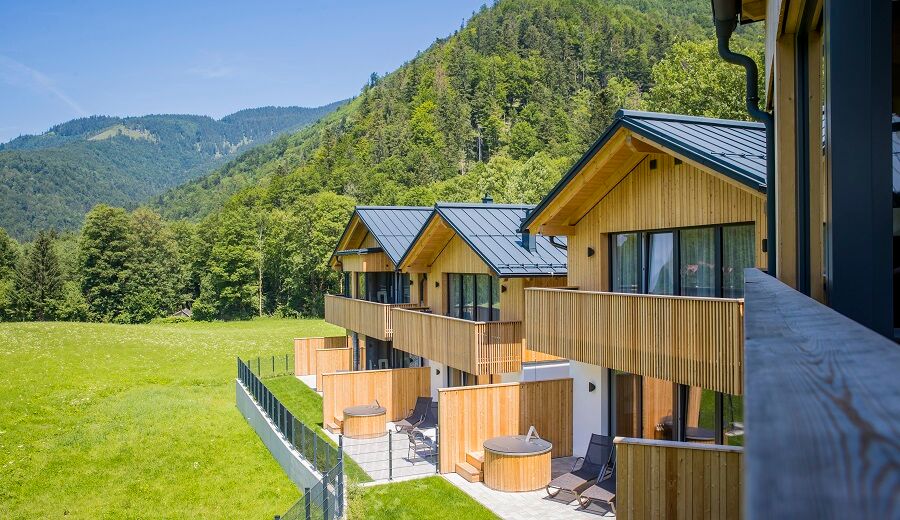 View from the balcony of a holiday home to 3 other luxury chalets in the Salzkammergut region in Austria