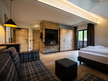 Living room with couch and TV in the Ladenberg Appartement