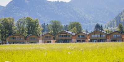 7 Chalets in Salzkammergut in Austria of Das Hintersee, flowering meadow in the foreground, wooded mountains in the background