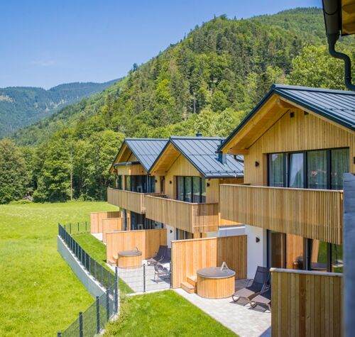 Blick vom Balkon eines Ferienhauses auf 3 weitere Luxus-Chalets im Salzkammergut