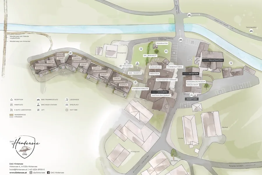 Site plan and overview of the buildings and facilities, chalets, guest houses at Das Hintersee in Salzkammergut