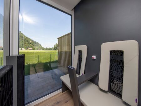 Panoramic view from the sauna or infrared cabin of the luxury chalet at Das Hintersee in Salzkammergut, Austria