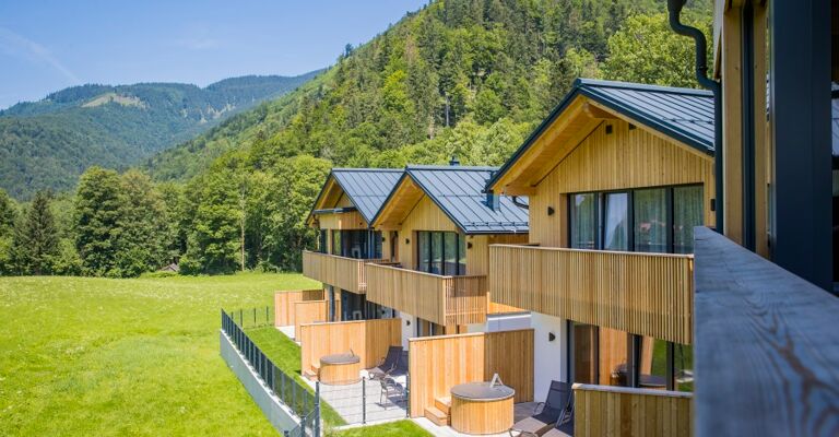 View from the balcony of a holiday home to 3 other luxury chalets in the Salzkammergut region in Austria