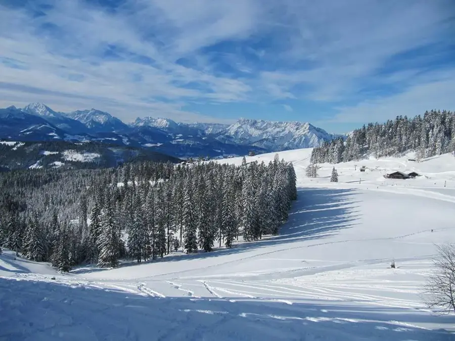 The snow-covered winter landscape in the Salzkammergut.