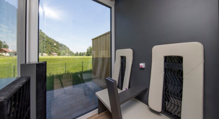 Panoramic view from the sauna or infrared cabin of the luxury chalet at Das Hintersee in Salzkammergut, Austria