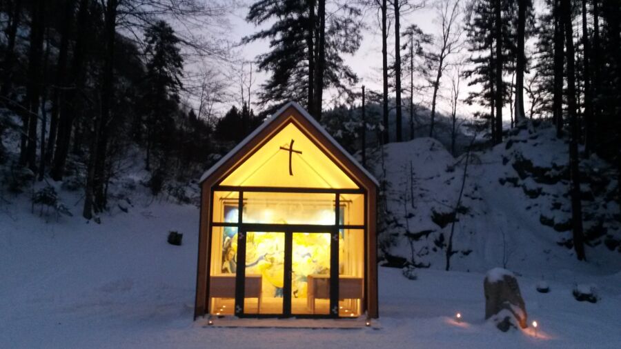 A small illuminated chapel.