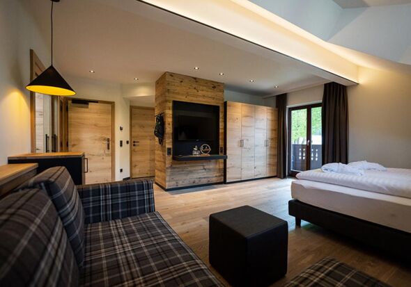 Living room with couch and TV in the Ladenberg Appartement