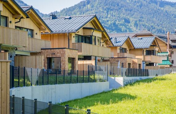 Several chalets in the Salzkammergut in Austria, they are built next to each other and belong to Das Hintersee in Austria
