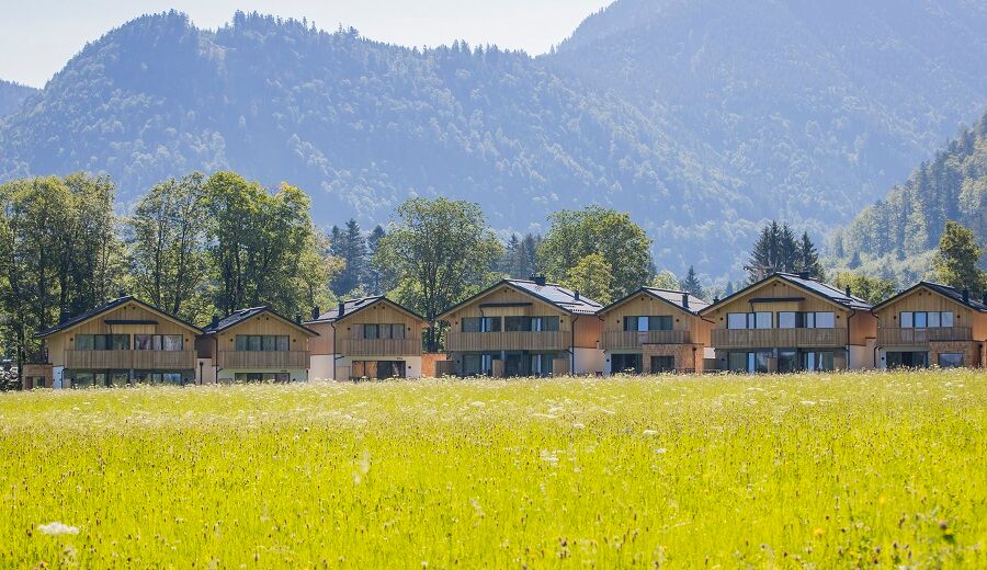 7 Chalets in Salzkammergut in Austria of Das Hintersee, flowering meadow in the foreground, wooded mountains in the background