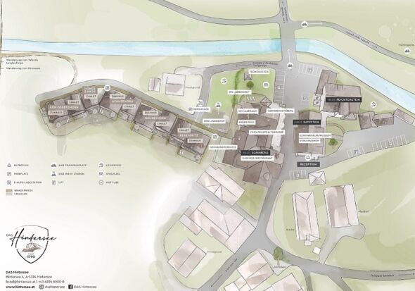 Site plan and overview of the buildings and facilities, chalets, guest houses at Das Hintersee in Salzkammergut